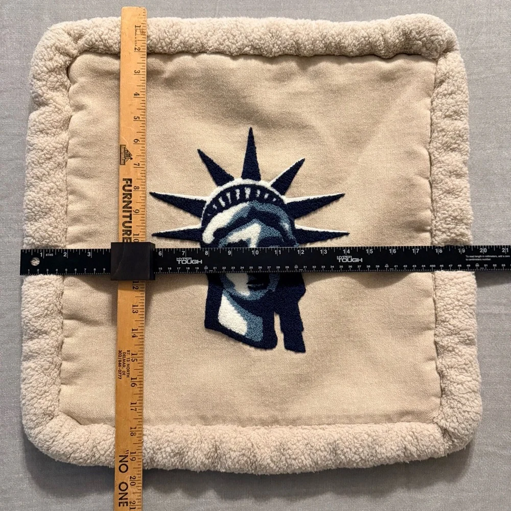 Statue of Liberty Throw Pillow Cover NYC Decor Beige Sherpa Trim Americana